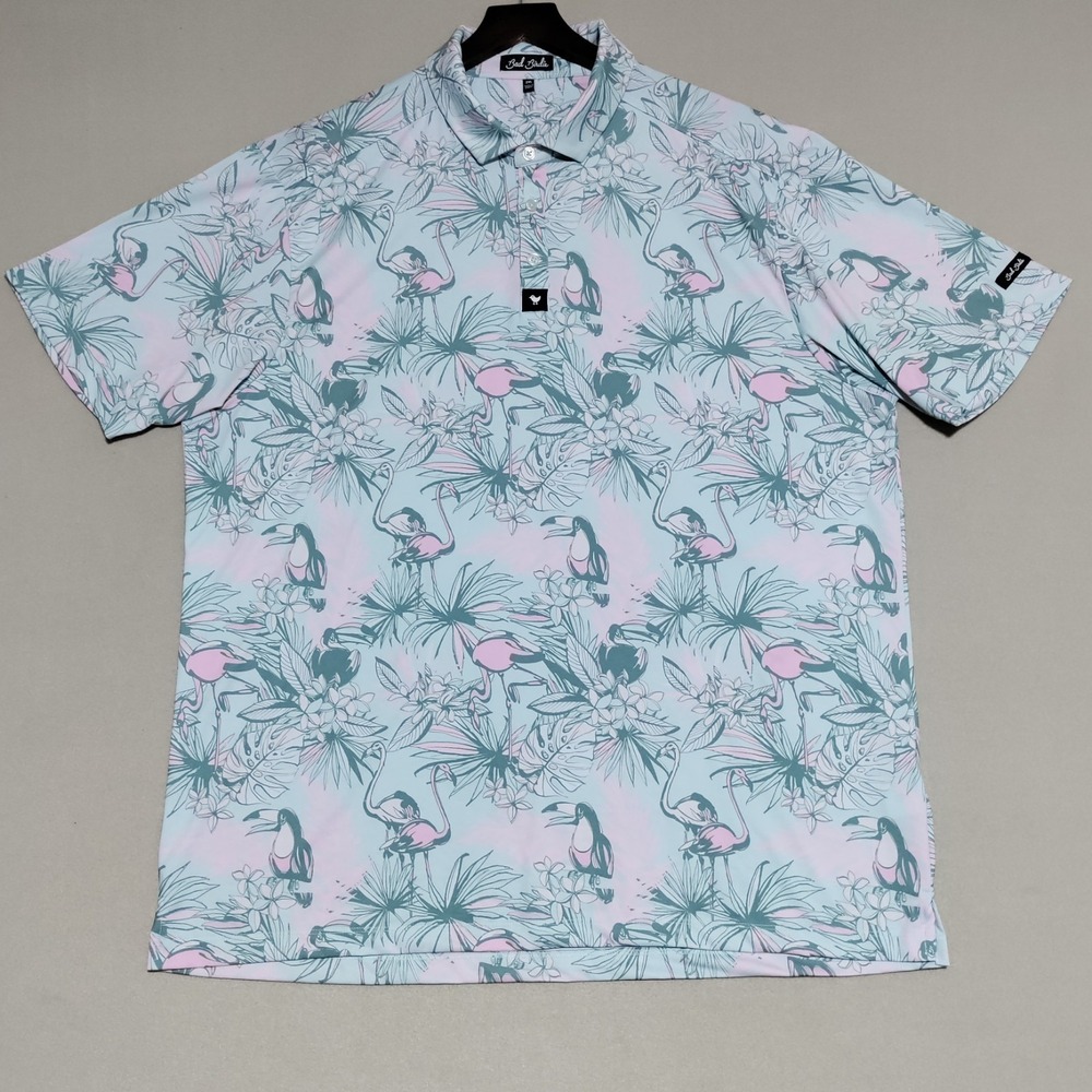 Bad Birdie Tropical Watch Golf Polo Mens 2XL Flamingo Toucan Hawaiian Pastel AOP - Picture 3 of 16